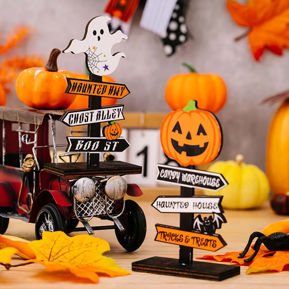 

2pcs Classic Halloween Pumpkin Ghost Desktop Sign Tricks Home Door Hanging Signs Restaurant Halloween Holiday Party Decoration
