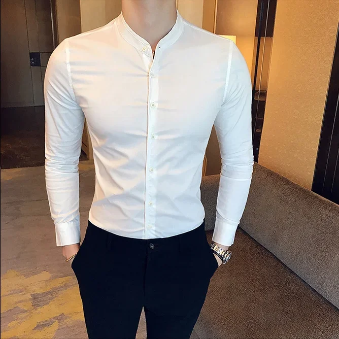 Men Slim Fit Shirt 2025 Autumn Cotton Solid Stand Collar Casual Business Long-sleeved Shirts Male Fashion Camisas Men Clothing Cotton Shirt Long Sleeve Shirt Men Casual Shirt