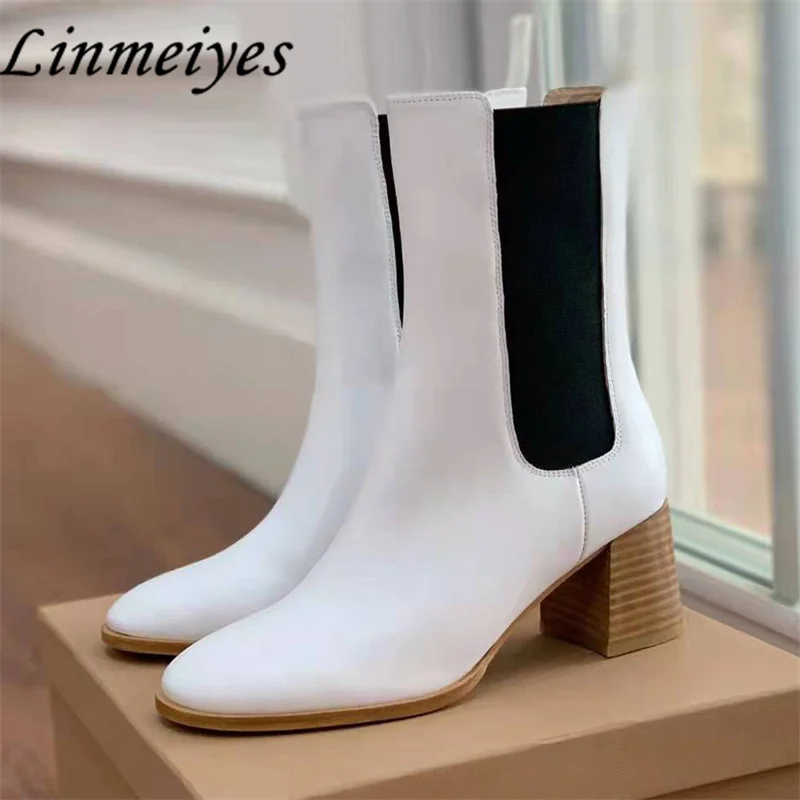 

Simplicity High Heel Mid-Calf Boots Women Chunky Heels Round Toe Chelsea Boots Genuine Leather Elastic Band Modern Boots Woman