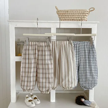 2026 New Summer Thin Style Baby Plaid Striped Pants Trousers for Kids Summer Tapered Pants for Children Mosquito Repellent Pants