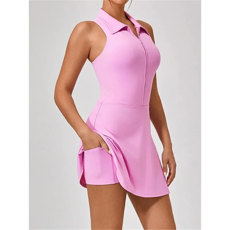 Women's Tennis Dress Women Turn Down Collar Front Zipper 2-in-1 Golf Sports Tight Dress Fitness Workout Running Pocket Skort
