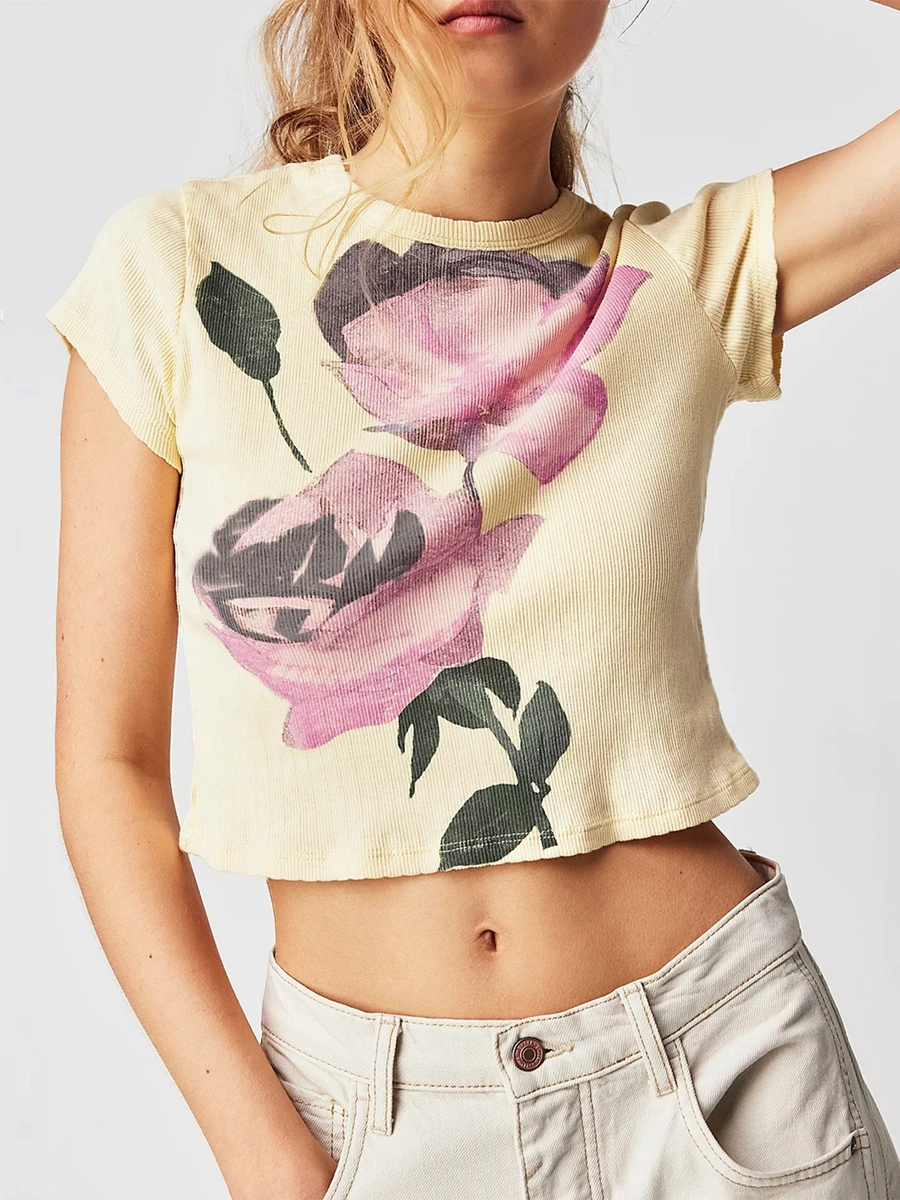 

Women's Lotus Flower Print Cropped T-Shirts Summer Short Sleeve Crewneck Slim Fit Baby Tee Casual Daily Basic Shirt Retro Y2K