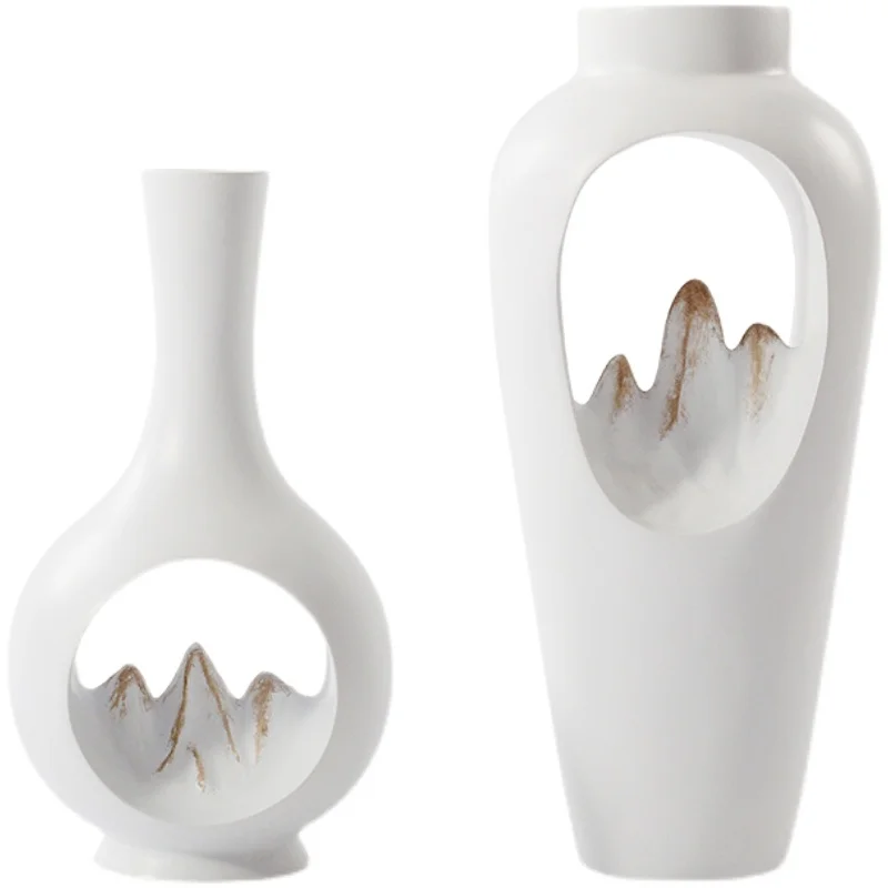 

YY New Chinese Style Decoration Decoration Resin White Flower Hand Painted Rockery Vase Decoration