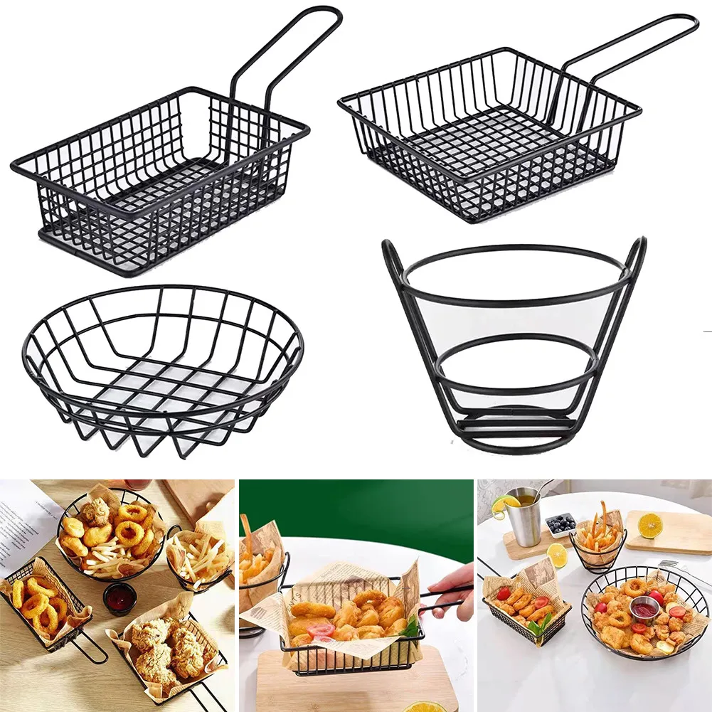 

Stainless Steel French Fries Basket Food Bucket Snack Chips Container Tableware Black Practical-Kitchen Accessories