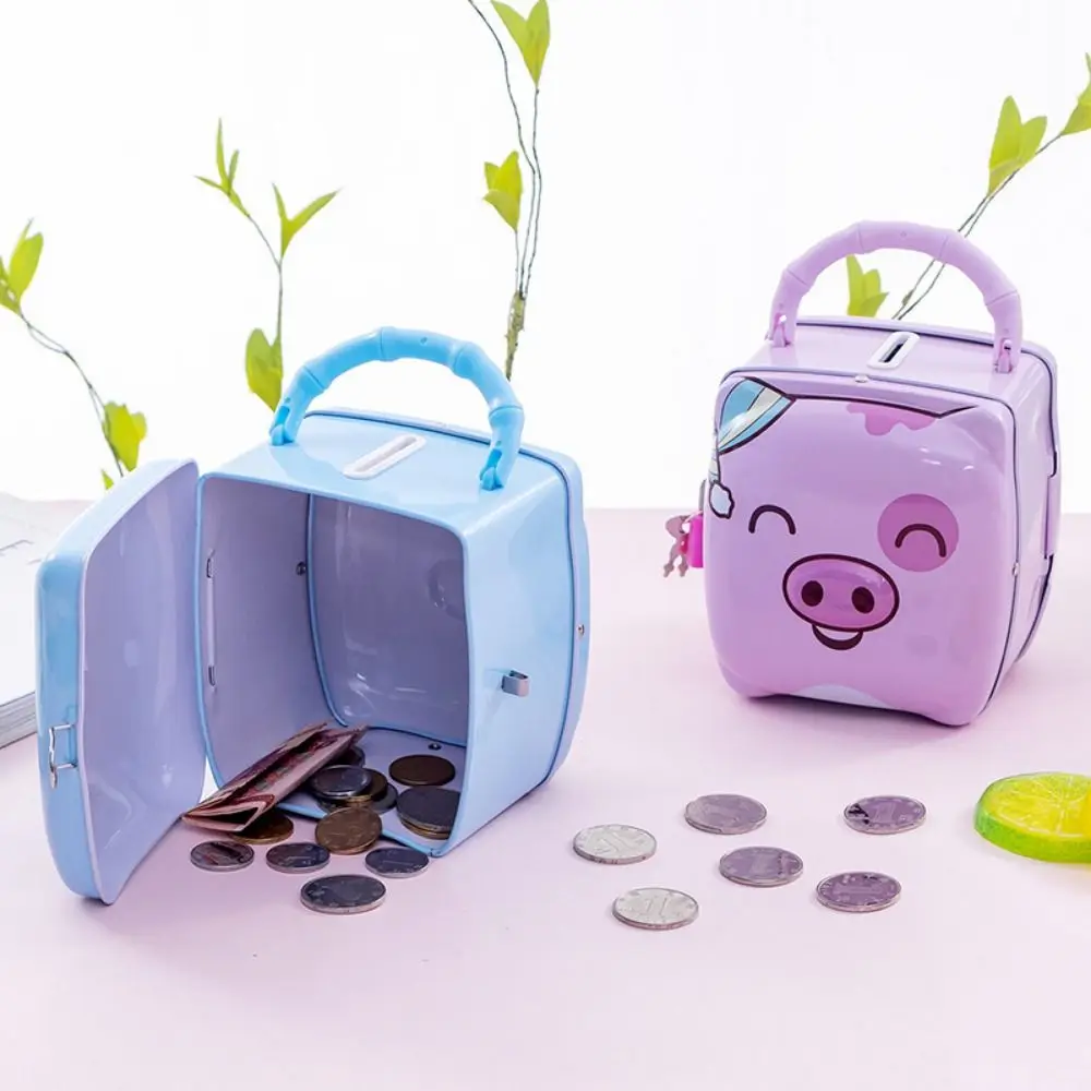 Cartoon Piggy Money Bank Tinplate Pig Shape Coins Storage Box Lock Key Coin Bank Money Saving Box Student Award