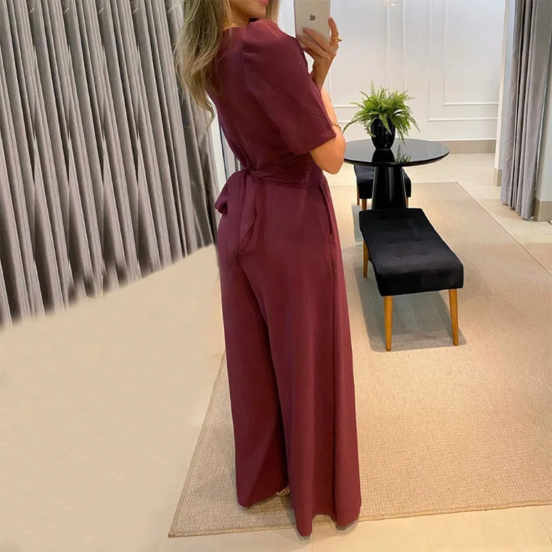 Casual Solid Jumpsuit Women Puff Sleeves Lace Up Long Jumpsuits Summer Sexy V Neck One Pieces Wide Leg Pants Female Overalls