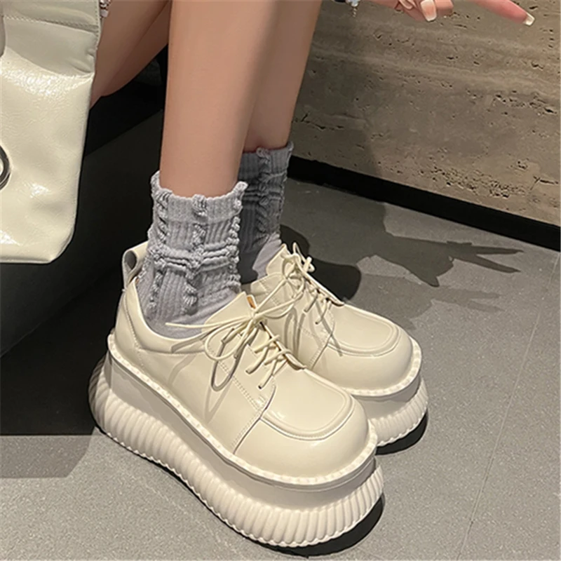 Spring and Fal Leather Thick Sole Platform Chunky Heels Women Pumps Solid Color Up Round Toe Fashion Concise Casual Female Shoes