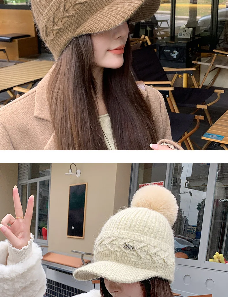 Chapeau tricoté chaud à la mode pour femmes, avec oreillettes, langue de canard, bonnet d'extérieur épais et rembourré en coton, hiver 2023_voghion.com