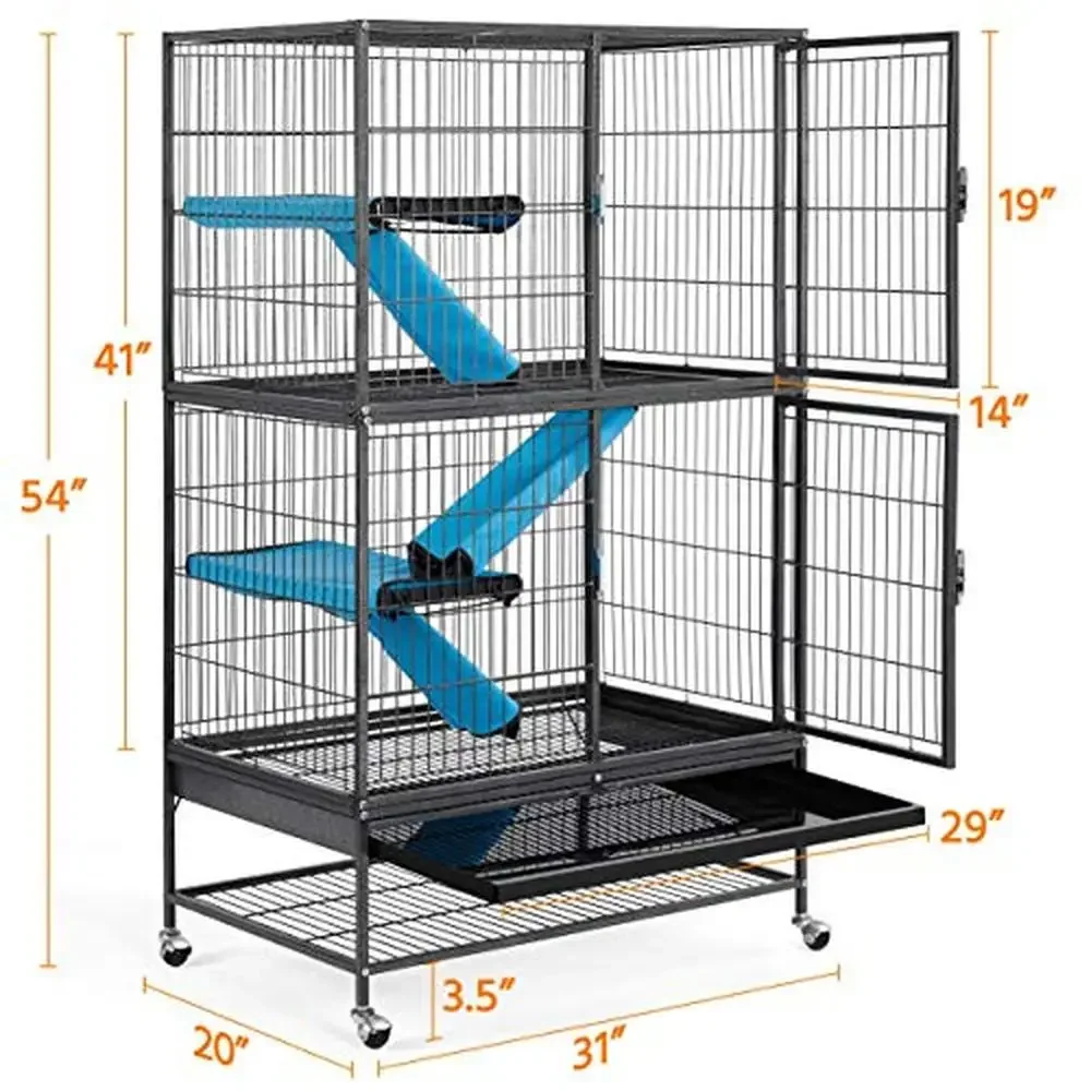 54" 4-Tier Cat Kittens Ferret Cage Playpen Box Kennel Crate Small Animal House with Rotating Casters Sturdy Metal Construction