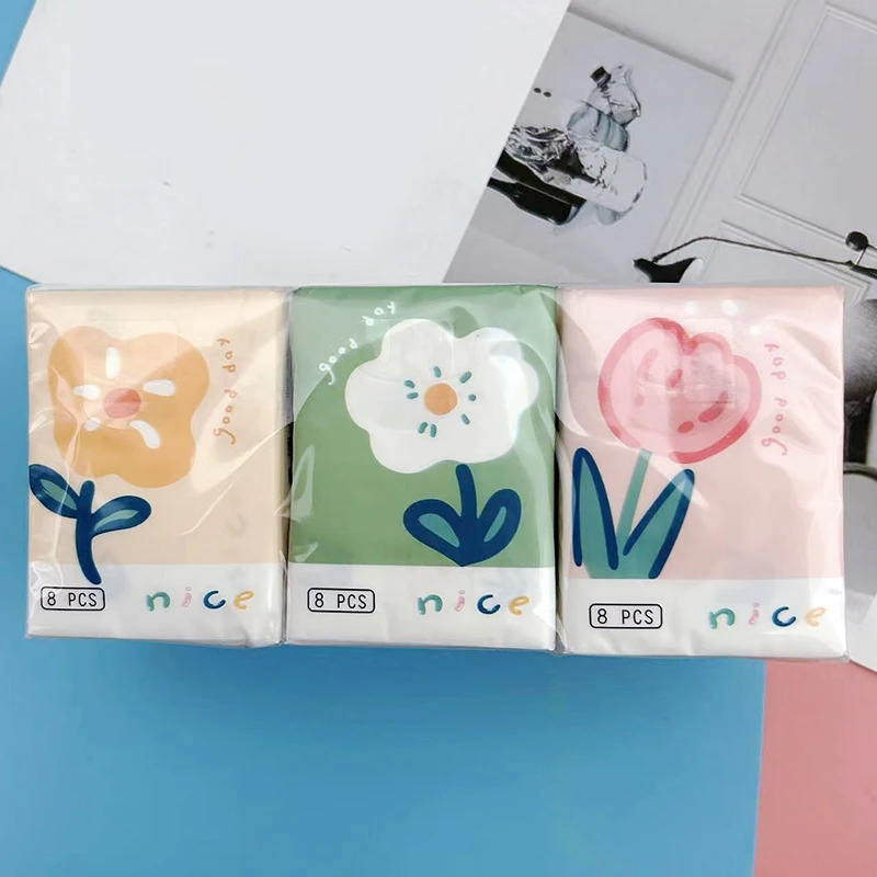9Packs Cartoon Flower Handkerchief Paper Portable Small Virgin Wood Pulp Napkin House Facial Tissue Hand Towel