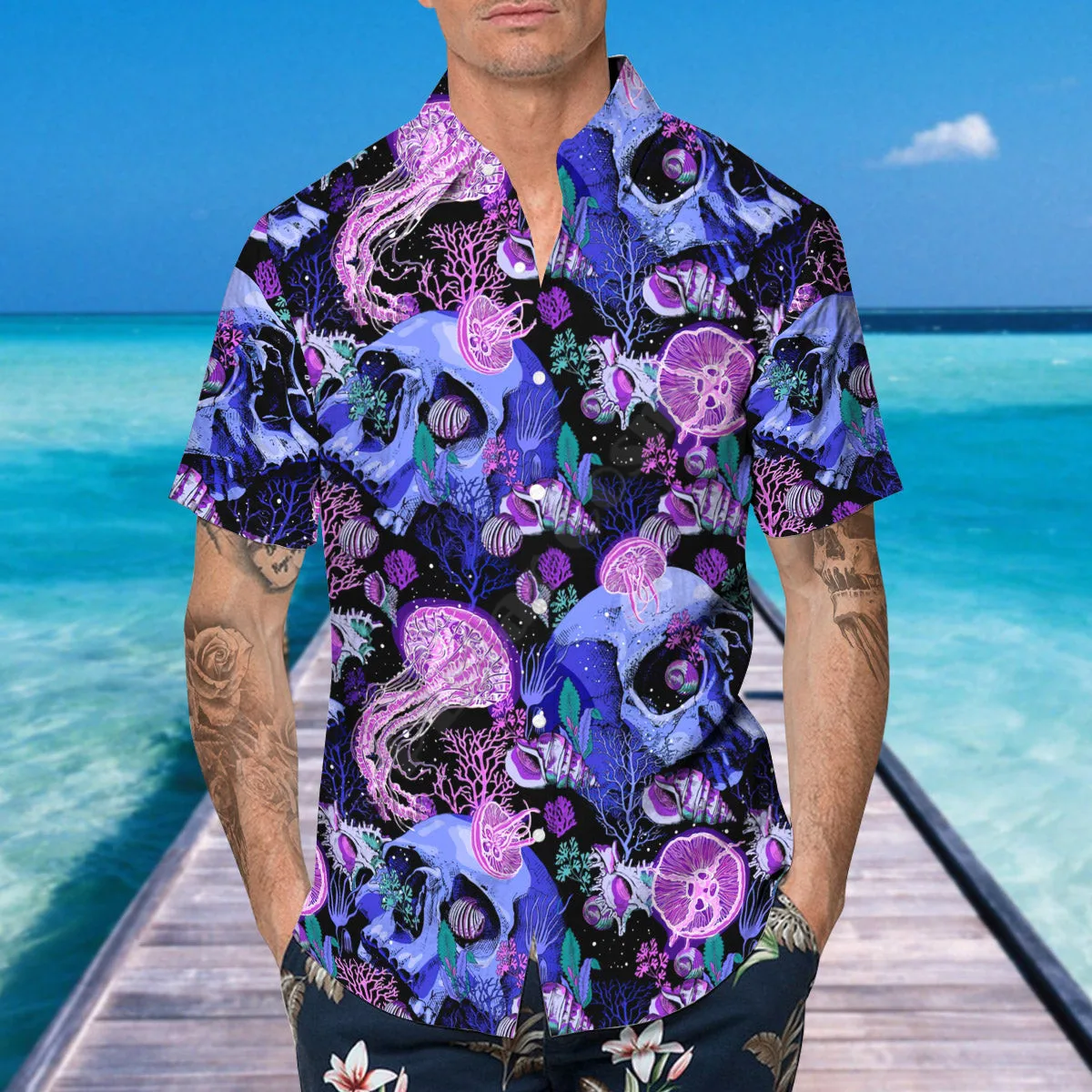 3D Printed Purple Jellyfish Skull Hawaiian Shirt Summer Short Sleeved Shirts Men Shirts Oversize Camisa Social 5XL