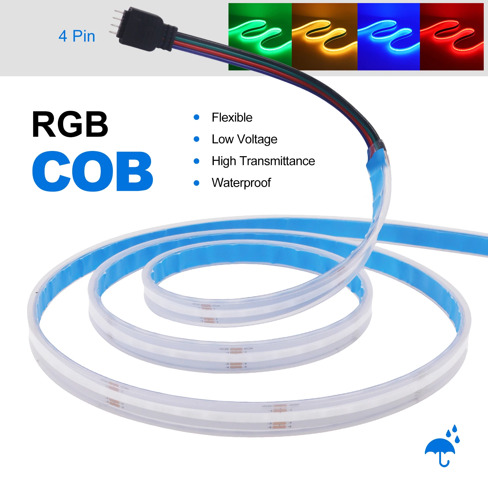 Description Picture 3 of item12V 24V RGB COB LED Strip Light 576LEDs/M High Bright Flexible LED Tape IP20 IP68 Waterproof Ribbon Rope FOB LED Lights 1m 5m