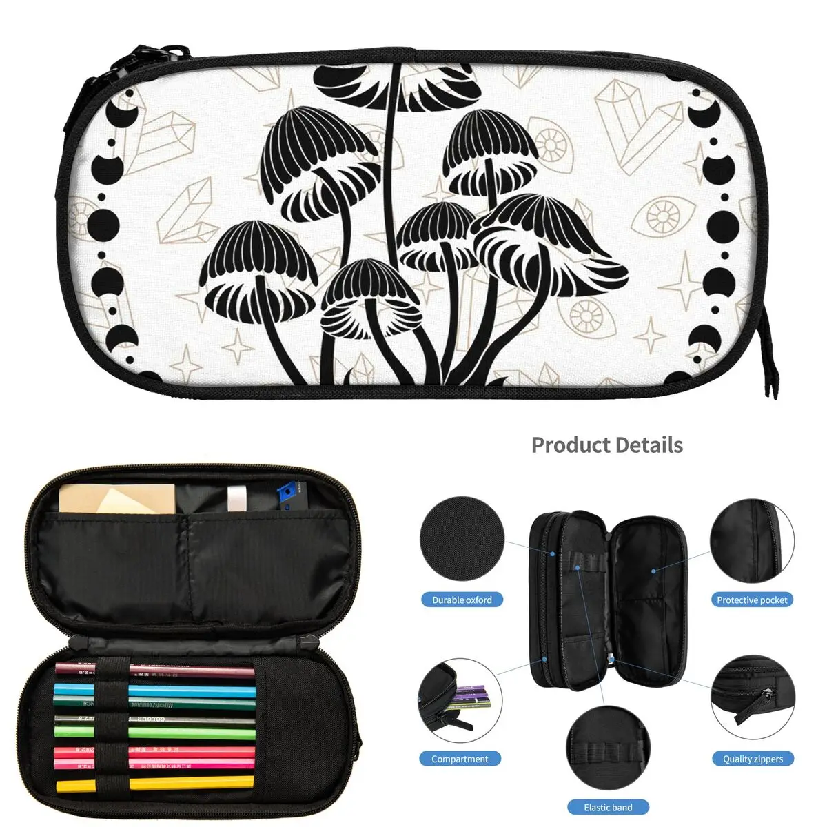 버섯 달 마법의 숲 별이 빛나는 밤 학생용 연필 케이스 학교 펜 박스 연필 가방 대용량 연필 파우치