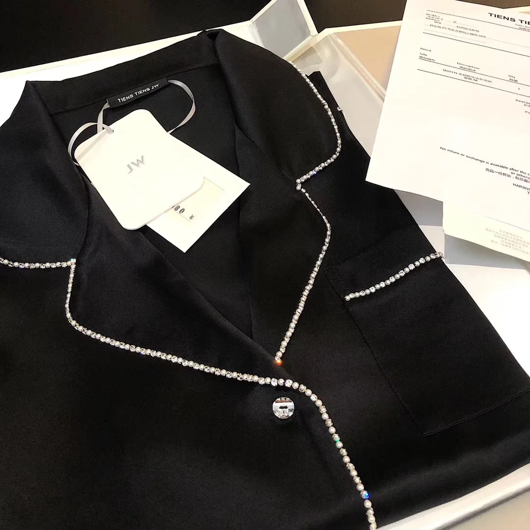 Women's Silk-encrusted Diamond-trimmed Long-sleeved Long Pants Pajama Set Wear Home Suit Silk Pajamas Sexy Pajamas