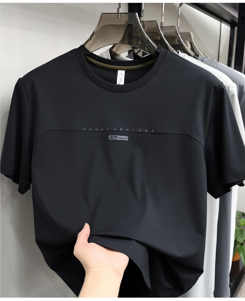 Hochwertiges Marken-T-Shirt aus Eisseide mit kurzen Ärmeln, Sommermode, geprägter Schriftzug, Rundhalsausschnitt, Sport, Freizeit, Jugend, Luxus-Oberteil für Herren – Detail 13