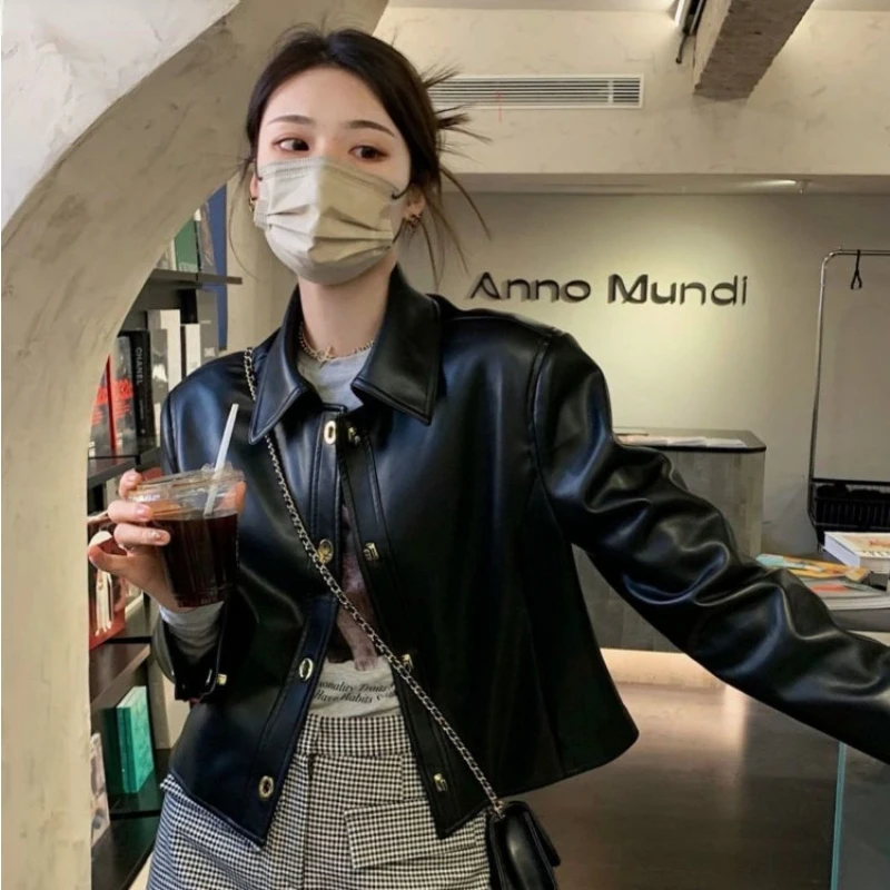 【ヴィンテージ】レザーコート 裏総柄 ダブル ラム ギャザー 本革 黒 レトロ Black Korean Leather Biker Jacket Women Winter Warm Loose