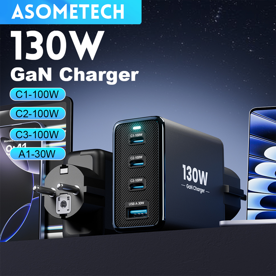  Gan USB Type C Charger 130W 4 Port PD3.0 QC4.0 3.0 Grounded Fast Charging For Samsung iPhone 17 16 Pro Laptop Phone Chagers