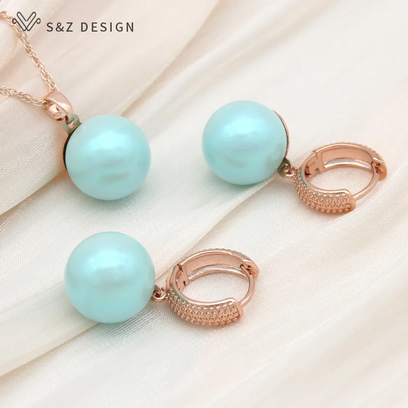 S&Z DESIGN New Fashion Round Colorful Imitation Pearl Drop Earrings Jewelry Sets For Women 585 Rose Gold Color Pendant Necklace