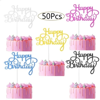 반짝이는 카드스톡 생일 케이크 토퍼, 베이비 샤워, 어린이 생일 파티 선물 장식, 케이크 장식 용품, 50 개