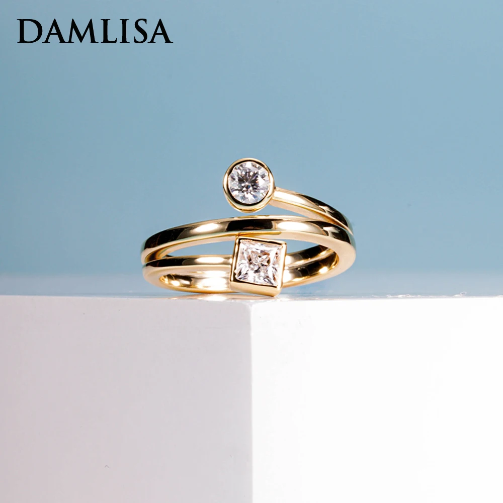 

Женское антистрессовое кольцо DAMLISA 4 мм D с сердцем и круглым муассанитом, серебро пробы, цвет 18-каратного золота, обручальное женское Открытое кольцо с двумя камнями