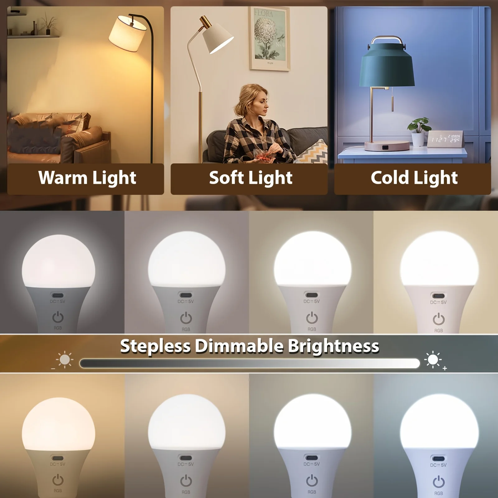 Wireless Rechargeable Light Bulb with Remote Control, Dimmable & Color-Changing, E27 Base, Emergency Backup Lighting
