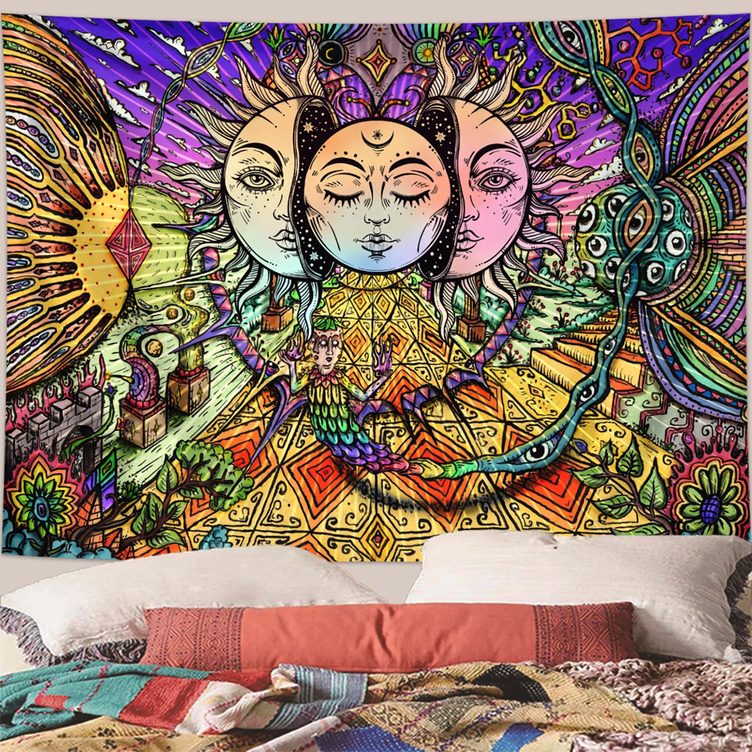 Sun Moon Tapestry Burning Sun and Stars Tapestry Black and White Mysterious Tarot Card Tapestry 1pc