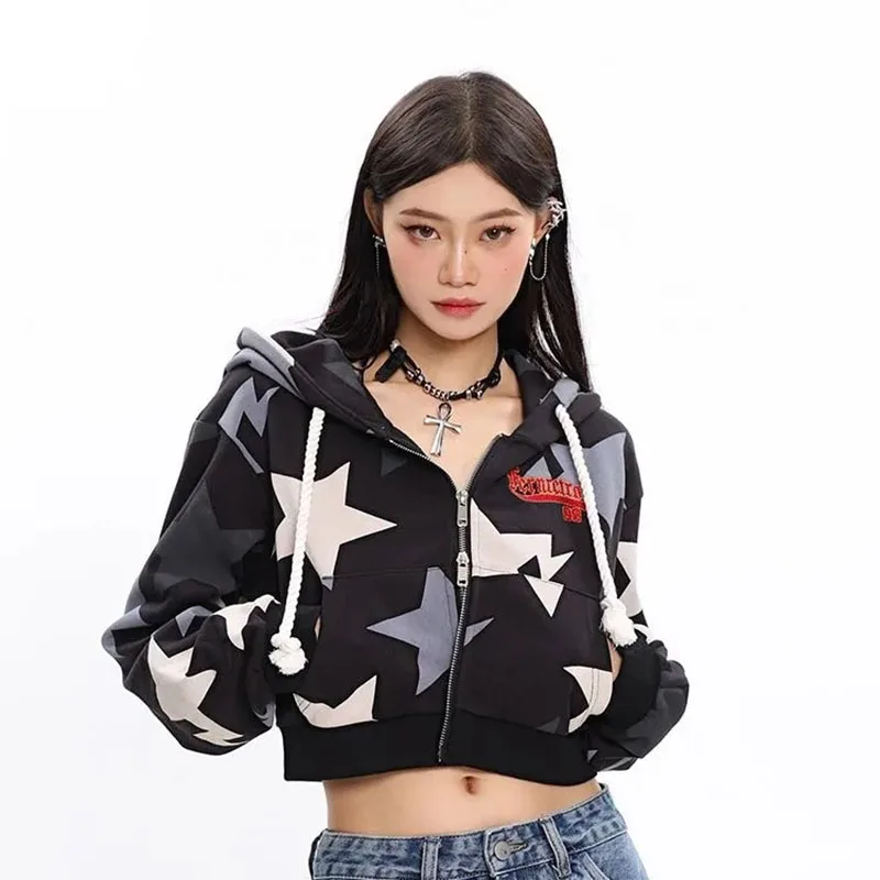 

Y2K Star Print Crop Hoodies Women Fashion Streetwear Loose All Match Zipper Cardigan Outerwear Autumn Korean Casual Sweatshirts