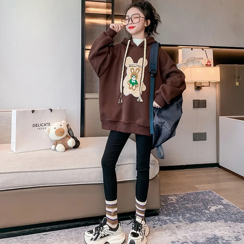 

2023 Korean Autumn Winter Children Girl Thicken Sweatshirts Junior Girl Cartoon Rabbit Printed Sports Shirt School Girls Tops