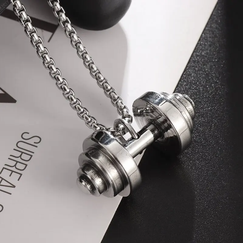 Stainless Steel Weightlifting Dumbbell Pendant Muscle Man Fitness Bodybuilding Barbell Necklace Women Gym Sports Jewelry