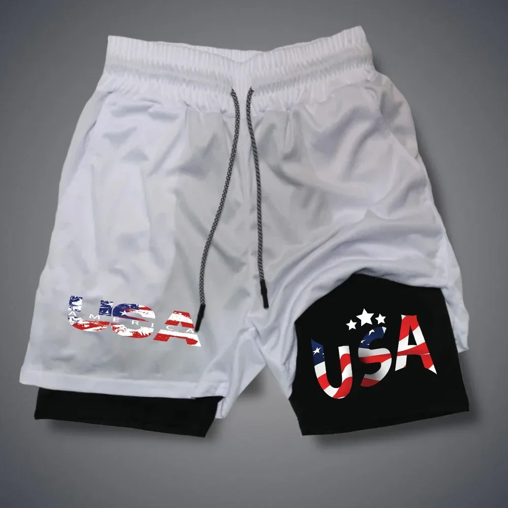 Summer Quick Dry Men's Shorts USA Letter Print Double-deck 2 In 1 Shorts Thin Breathable Casual Short Pants Sportwear Pants