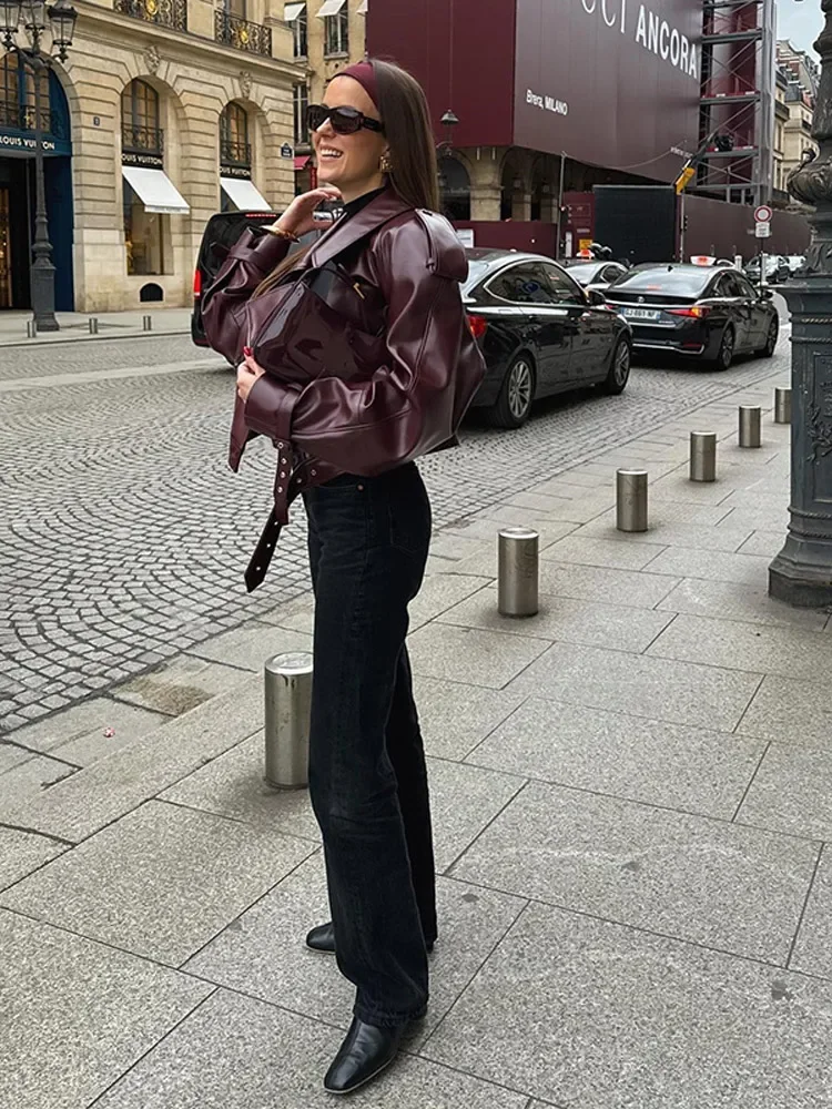 Vintage Zipper Long Sleeve Motor Bicycle Coat Women Braid Lapel Cropped Leather Jacket Chic Casual Retro Loose Street Outerwear 5