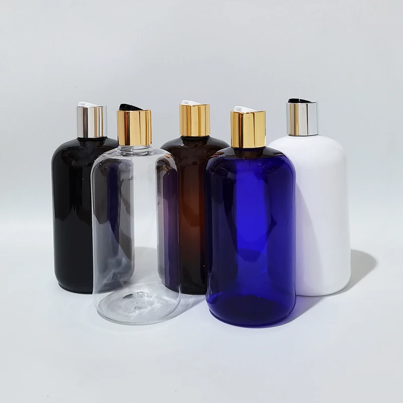 

10pcs 500ml Empty Gold Disk Cap Cosmetics Plastic White Black Bottle For Liquid Soap Shower Gel Shampoo Cosmetics packaging