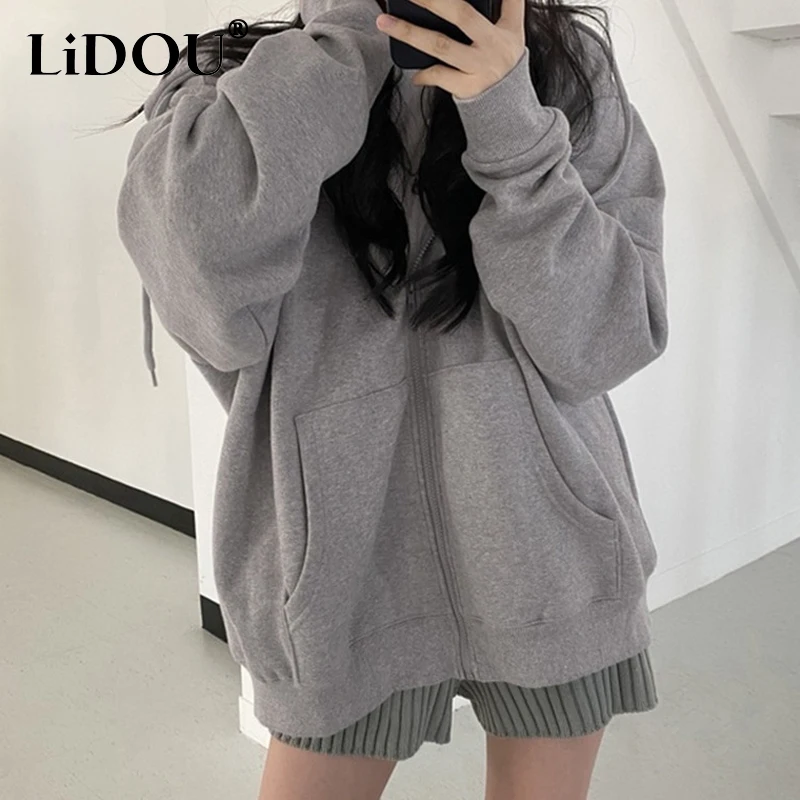 2023 Autumn Winter New Solid Color Hooded Long Sleeve Zipper Cardigan Women Loose Comfortable Plus Velvet All-match Outwear