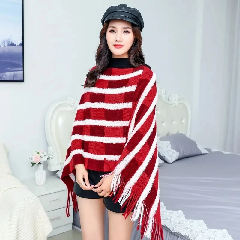 

2024 Spring Autumn New Knitted Shawl Women Loose Pullover Korean Fashion Versatile Cloak National Coat Poncho Capes Red