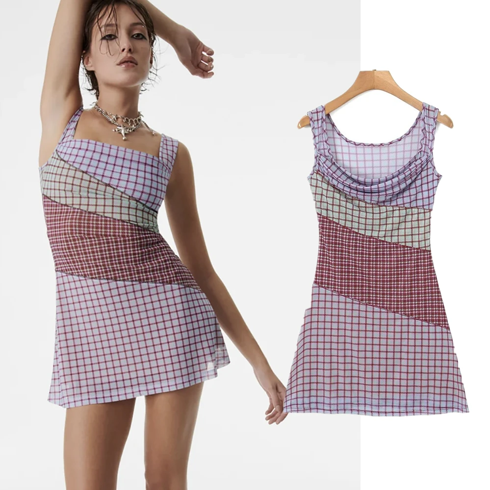 

Dave&Di Ins Blogger Fashion High Grid Mesh Street Stitching Slim Dress Female Sexy Tank Dress Women