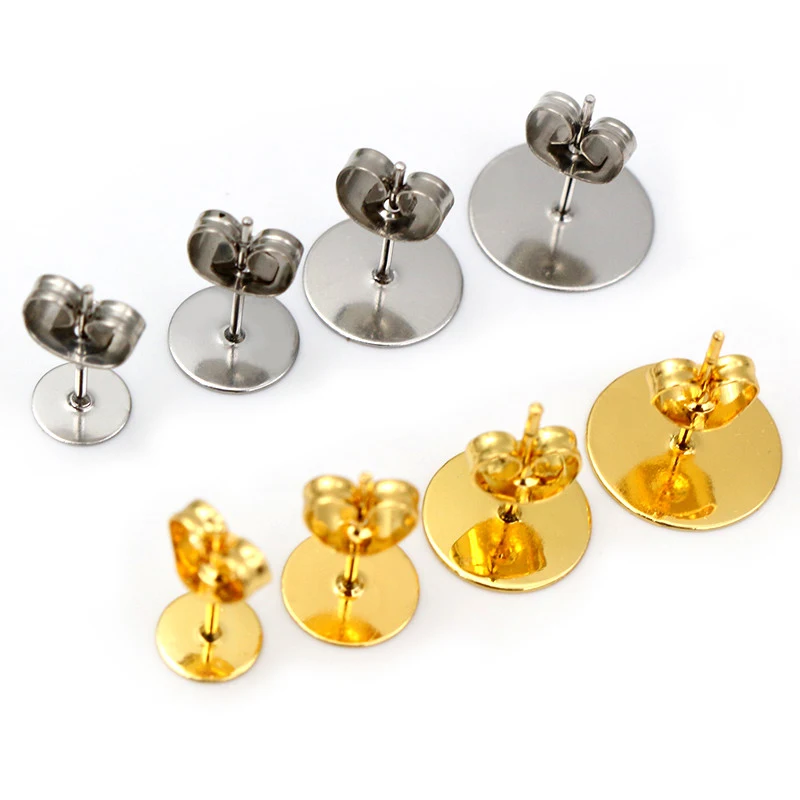 Earring Base Pins 50-100pcs/lot Gold Stainless Steel Blank Post With Earring Plug Findings Ear Back For DIY Jewelry Making