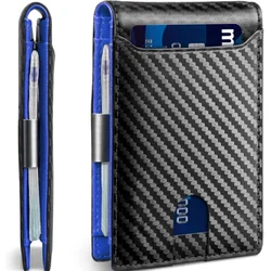 Slim Carbon Fiber RFID - Blocking Minimalist Wallet with Metal Money Clip (Blue carbon black)