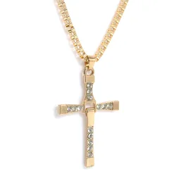 Vin Diesel Inspired Crystal Cross Pendant Necklace Gift Jewelry (Gold)