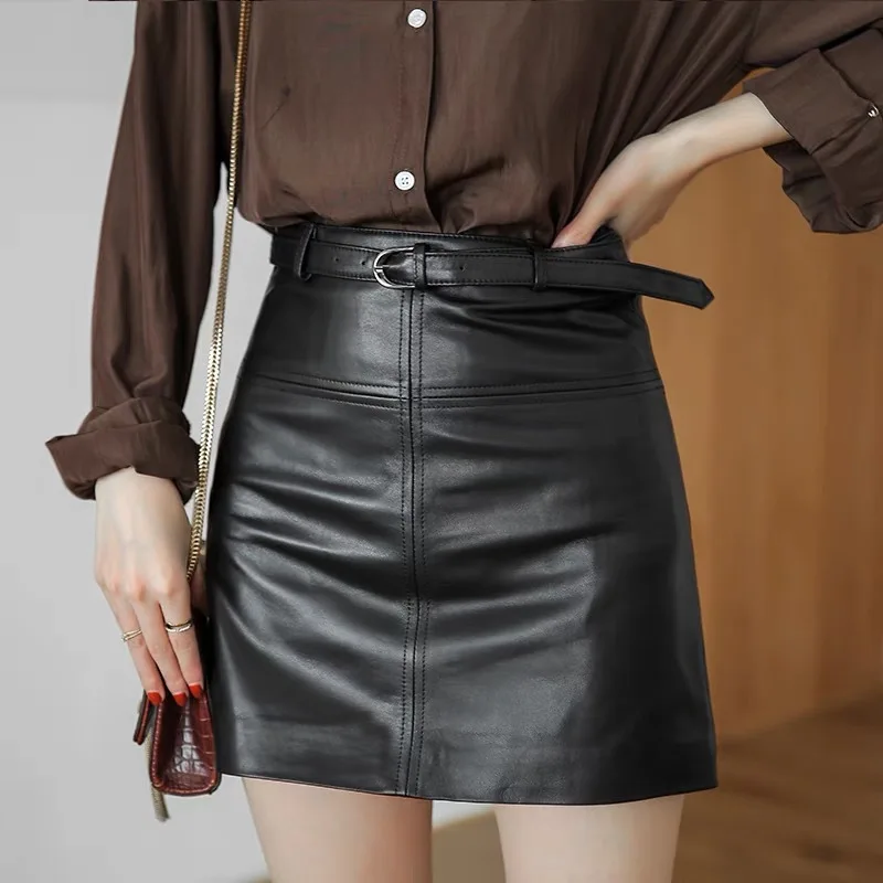 

Leather Leather Skirt Belt Female Spring and Autumn High Waist Slim A-line Fashion Bag Hip Short Sheepskin Skirt 2021 New.