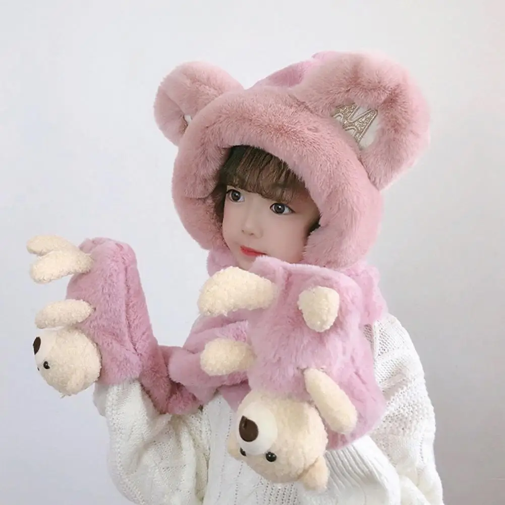 Kids Hat Neck Scarf Gloves Set 3 In 1 Cute Thickened Plush Ear Protection Hat Cartoon Bear Decor Boys Girls Holiday