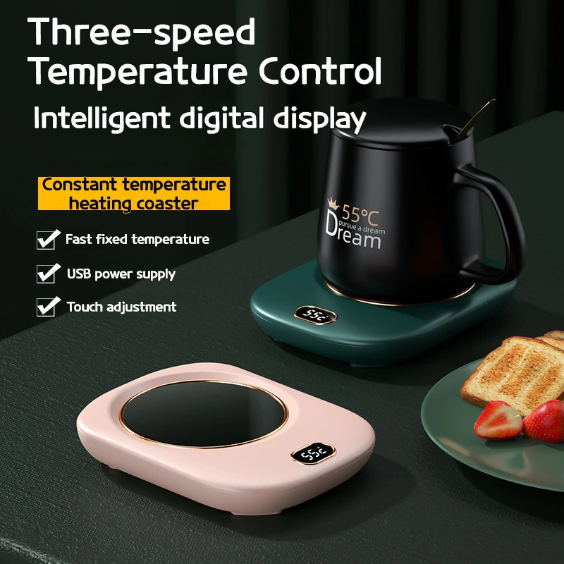 แผ่นทำความร้อนอัจฉริยะ ชาร์จผ่าน USB ปรับอุณหภูมิได้สามระดับ ที่อุ่นแก้ว 55 ° แผ่นรองแก้วอุ่นรักษาอุณหภูมิคงที่ พร้อมหน้าจอสัมผัสแบบดิจิตอล 1