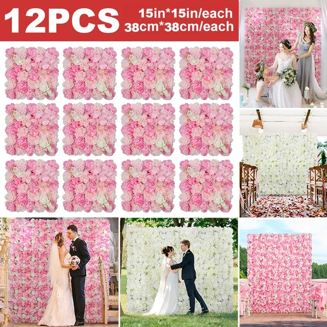 12PCS Artificial Flowers Roses Wall Panel 3D Flower Backdrop Faux Roses for Wall Party Wedding Bridal Shower Outdoor Decoration 1
