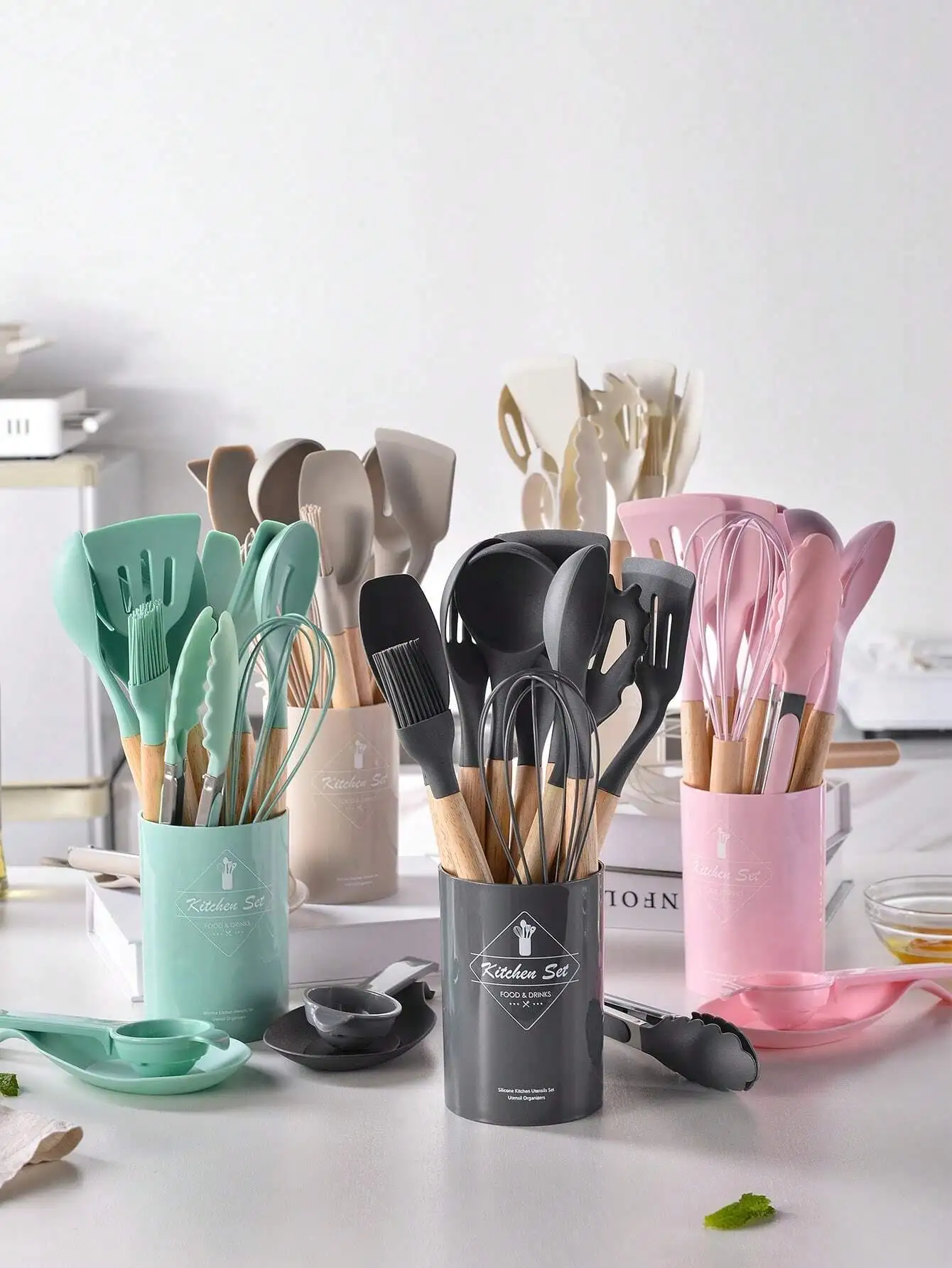14 Pcs Silicone Cooking Kitchen Utensils Set With Holder, Wooden Handles BPA Free Silicone Turner Tongs Spatula Spoon Kitchen Ga
