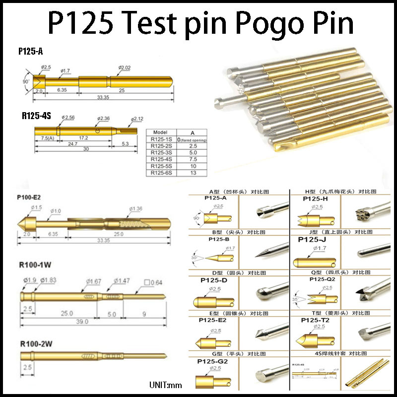 10pcs Spring Test Probe Pogo Pin P125-A P125-B P125-D P125-E2 P125-G2 P125-H2 P125-J1 P125-Q1 P125-Q2 P125-T2 R125-2S R125-4S