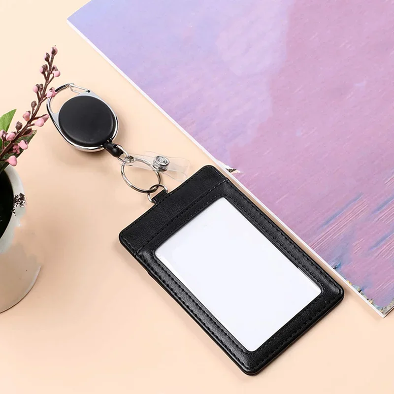 Women Men Black Card Wallet Retractable Key Chain Lanyard for Keys ID Card PU Leather Bus Pass Case Cover Badge Holder