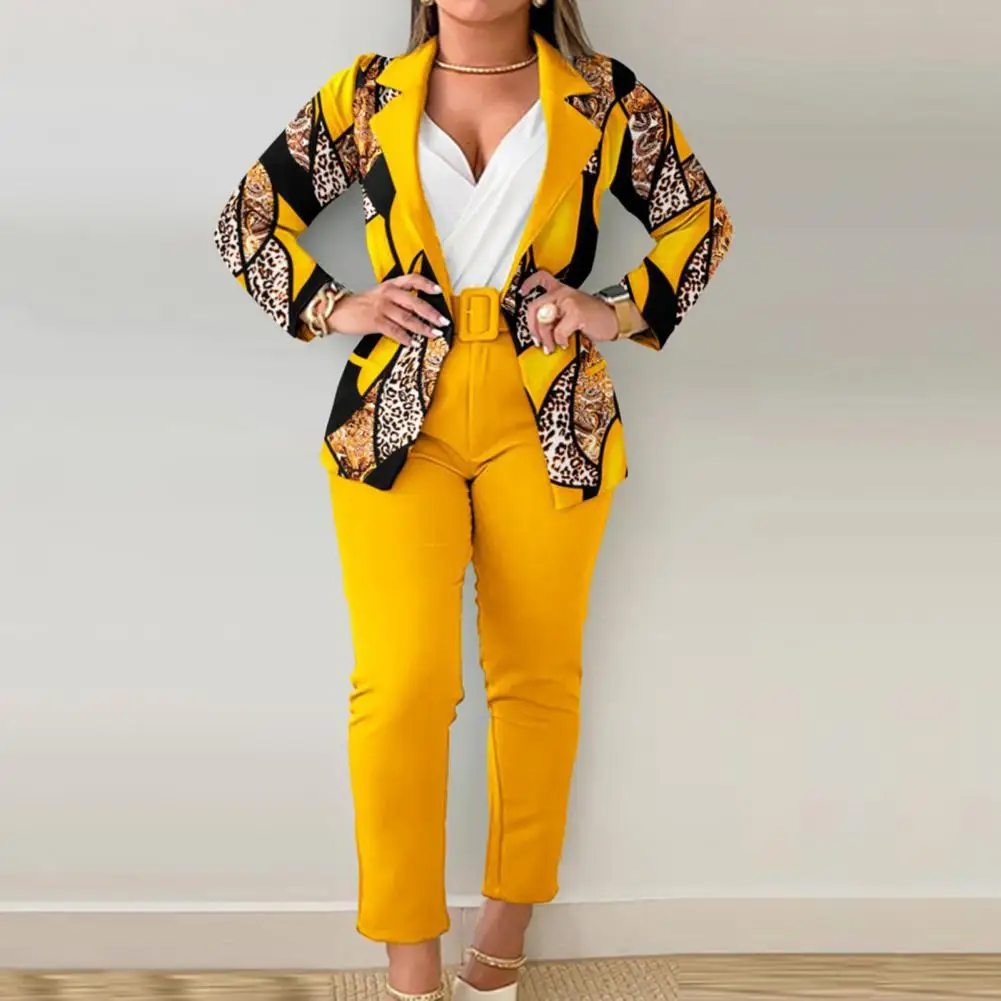 

Suit Coat Pants Set Elegant Women's Suit Set Printed Cardigan Solid Trousers Belted Lapel Neck Two-piece for Office for Women