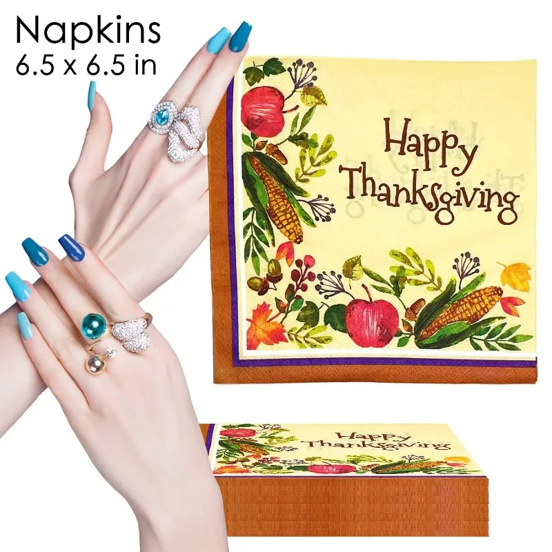 10/20pcs 33cm Thanksgiving Elements Corn Maple Leaf Vegetables Fruit Brown Edge Yellow Background Thanksgiving Coloured Napkins