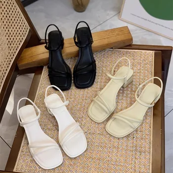 Tacchi alti 4.5cm, 2024 estate nuovi sandali con tacco medio con cintura a una linea di moda con testa quadrata aperta, scarpe da donna 1