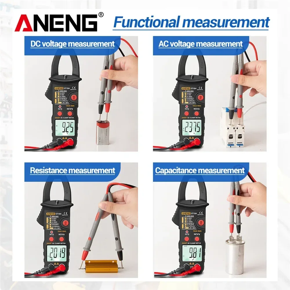 Digital Multimeter ANENG Clamp Meter Multimeter Digital AC/DC Voltage Current Tester Hz Capacitance Ohm Temperature True RMS 6000 Counts Test ST184