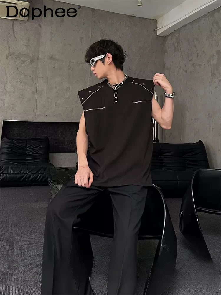 

Metal Buckle Decoration Padded Shoulder Zipper Vests 2024 Men's Summer Trendy Male Vest Handsome Sleeveless Round Neck Tank Tops